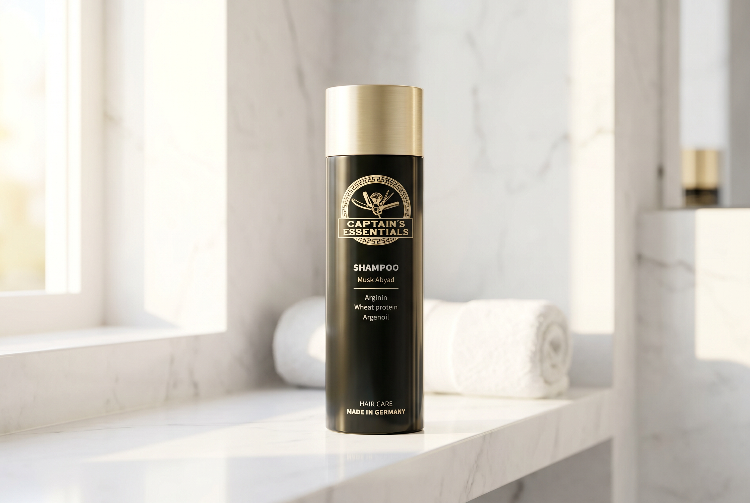 Captain's Essentials Shampoo auf Badezimmer-Regal